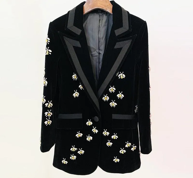 Velvet Glam Rhinestone-Studded Blazer for Autumn & Winter Elegance