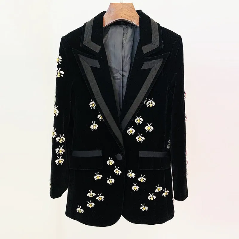 Velvet Glam Rhinestone-Studded Blazer for Autumn & Winter Elegance